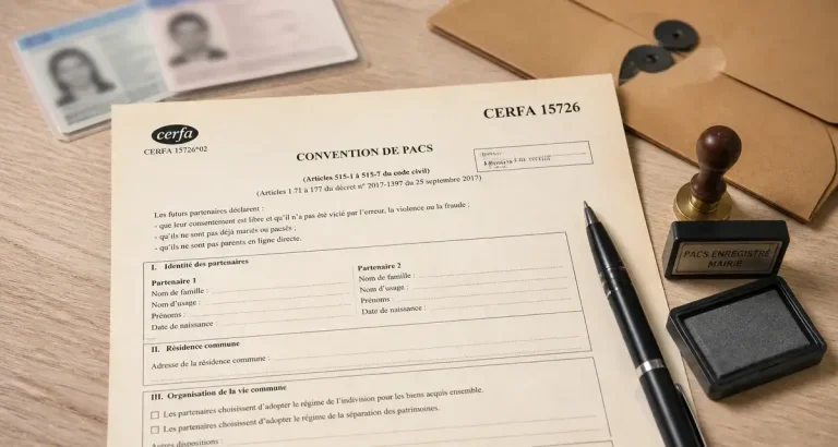 cerfa 15726 dossier PACS sur table
