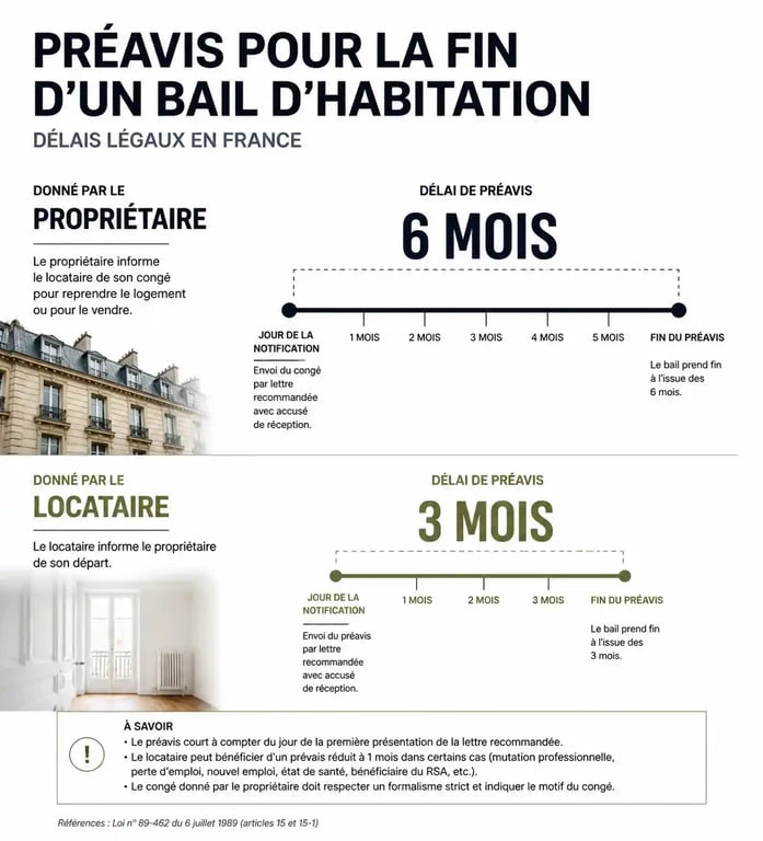 Infographie des délais de préavis pour la reconduction tacite d'un bail de 3 ans