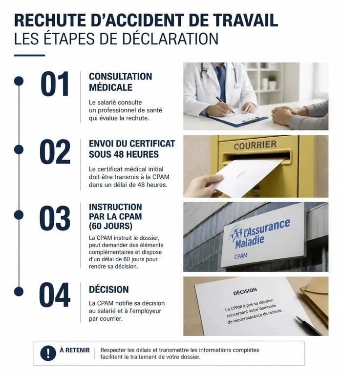 Schéma des étapes de déclaration d'une rechute d'accident de travail et délais CPAM