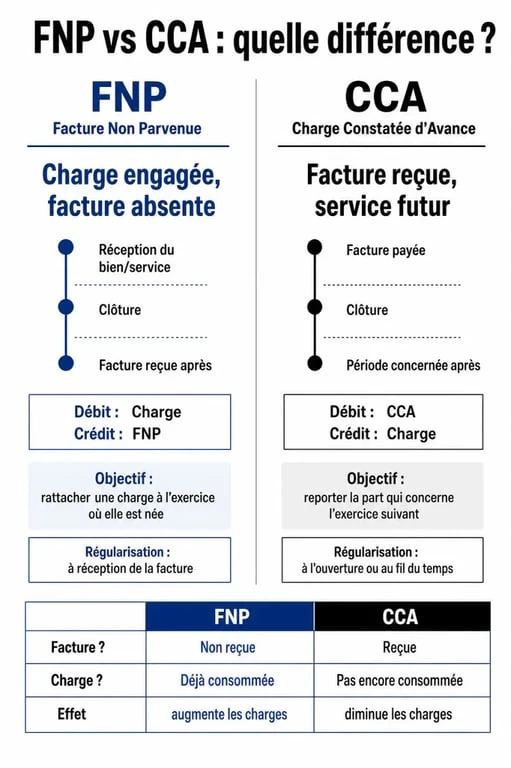 Infographie comparative entre Facture Non Parvenue et Charge Constatée d'Avance pour la comptabilisation