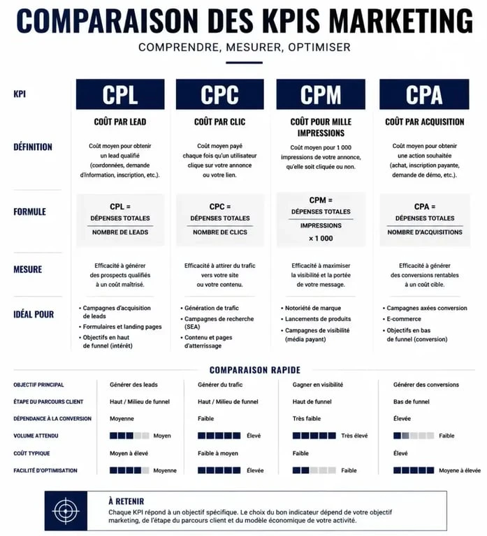 Comparatif des KPIs marketing : CPL, CPC, CPM et CPA pour optimiser votre stratégie d'acquisition.