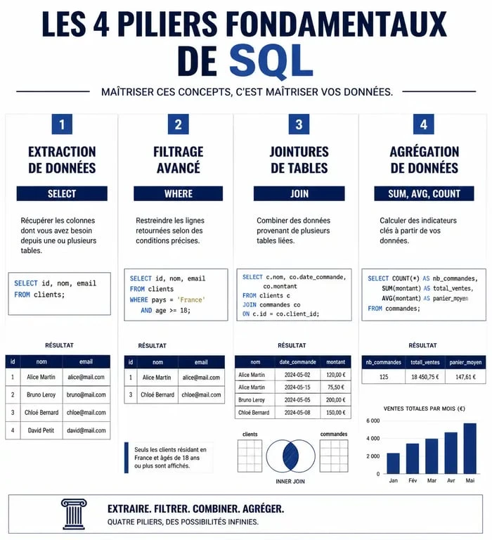 Infographie des 4 piliers de la formation SQL gratuite : extraction, filtrage, jointures et agrégation