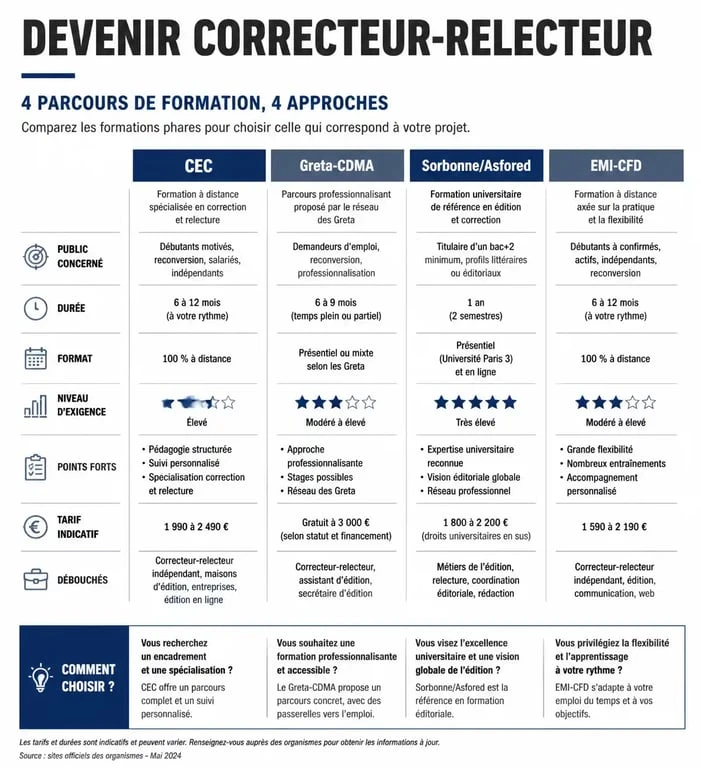 Infographie comparative des formations pour devenir correcteur relecteur : CEC, Greta, Sorbonne et EMI-CFD