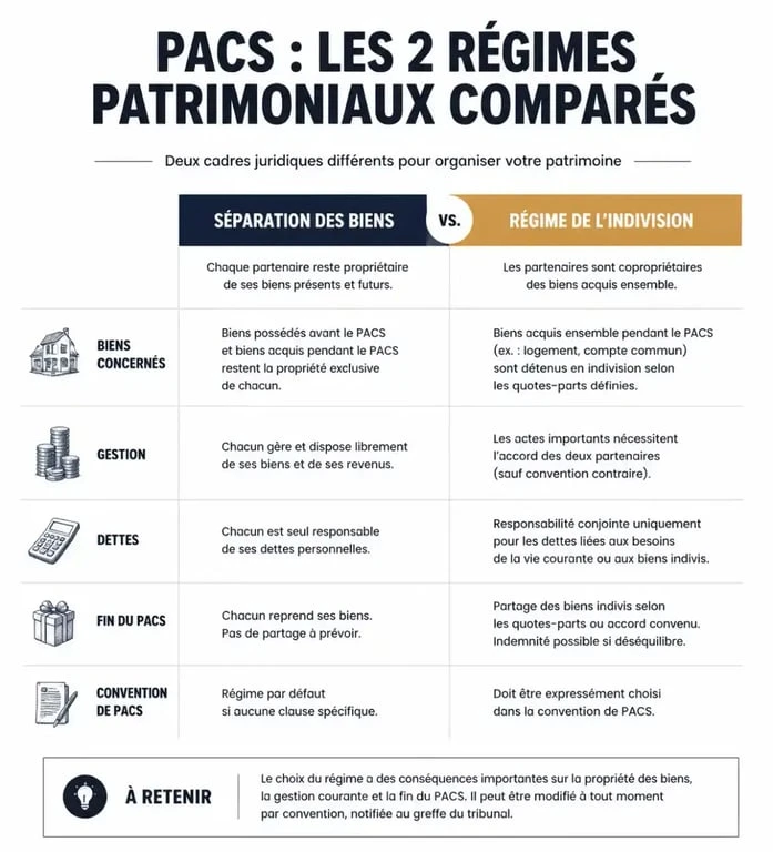 Comparatif des régimes patrimoniaux pour le formulaire Cerfa 15726 : séparation des biens versus indivision