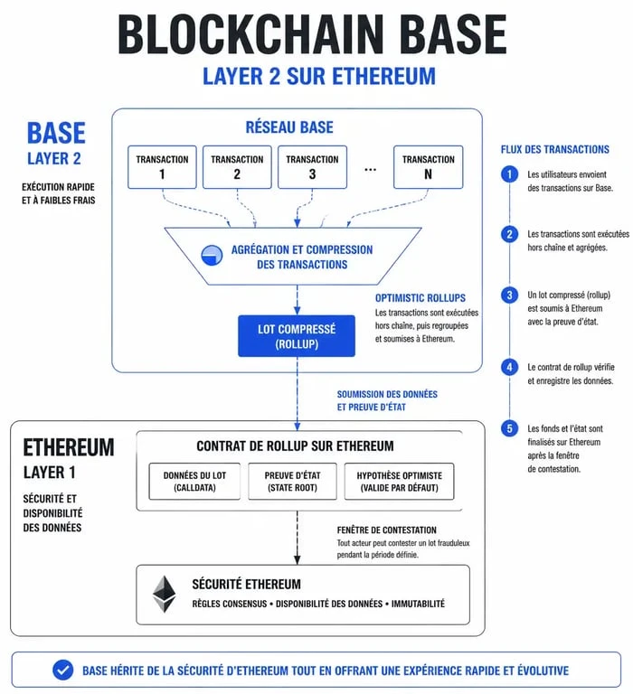 Schéma explicatif de l'architecture de la blockchain Base et son fonctionnement en Layer 2 sur Ethereum