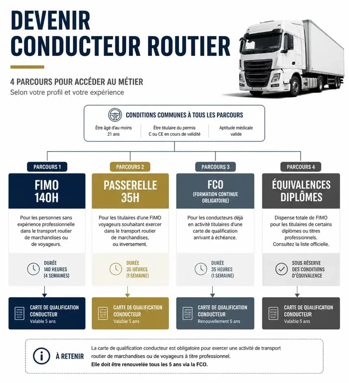 Infographie des parcours de formation FIMO et permis poids lourd pour conducteurs professionnels