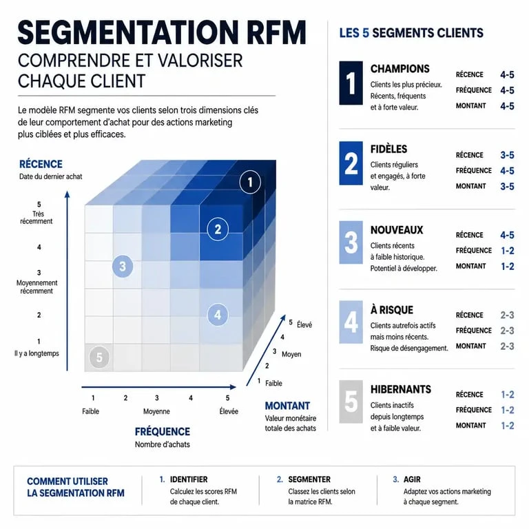 Infographie explicative de la méthode de segmentation RFM pour le marketing client