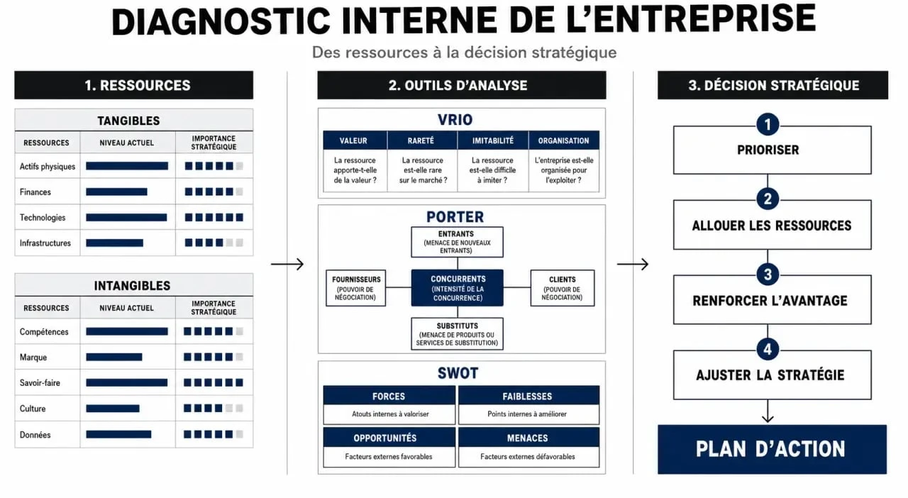 Schéma du processus de diagnostic interne d'une entreprise : de l'analyse des ressources à la stratégie.