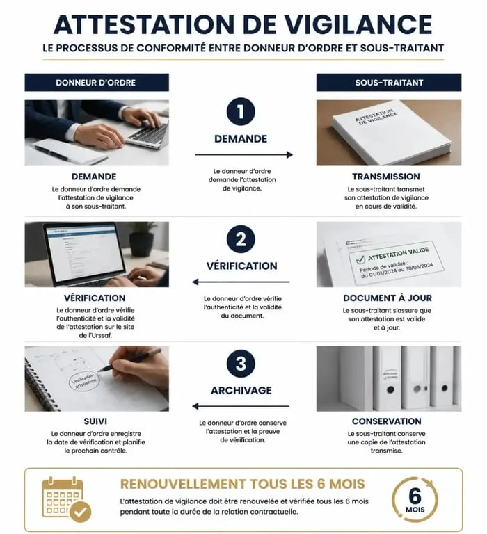 Schéma du processus d'obtention et de vérification de l'attestation de vigilance pour la conformité administrative