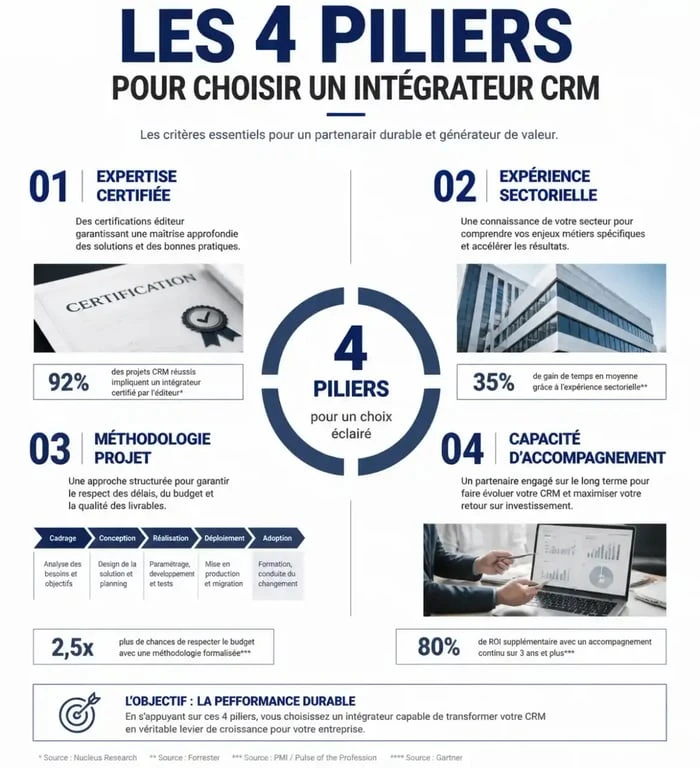 Infographie des 4 piliers pour choisir un intégrateur CRM efficace pour votre entreprise