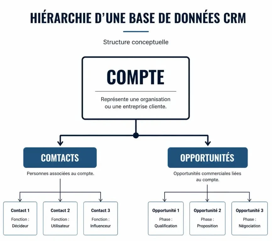 Schéma de la structure d'une base de données CRM avec comptes, contacts et opportunités