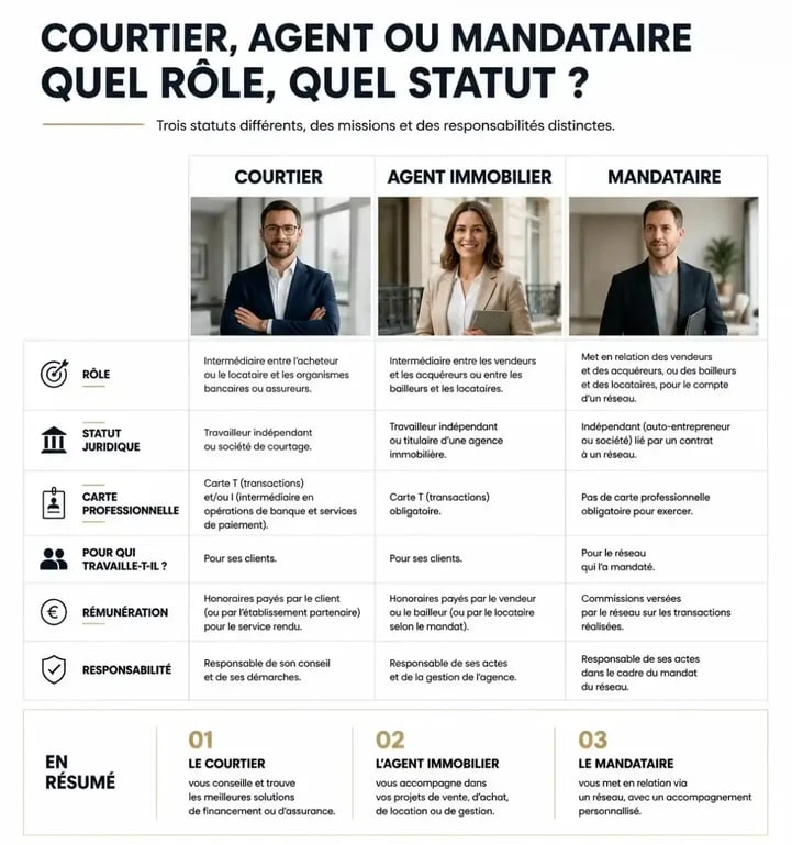 Infographie comparative des rôles de courtier, agent et mandataire dans le secteur du courtage