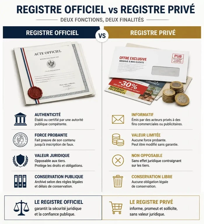 Comparatif entre le registre des sociétés européennes officiel et les registres privés frauduleux