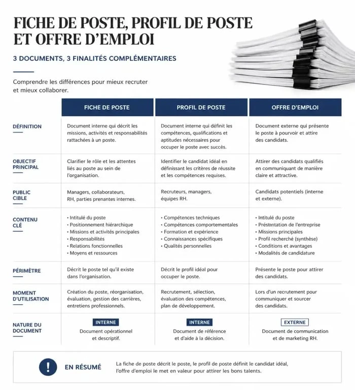 Infographie comparative : Fiche de poste, Profil de poste et Offre d'emploi pour le recrutement.