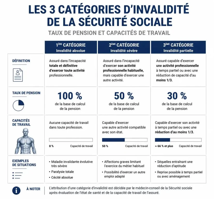 Tableau comparatif des catégories d'invalidité de la Sécurité sociale et inconvénients de la catégorie 1