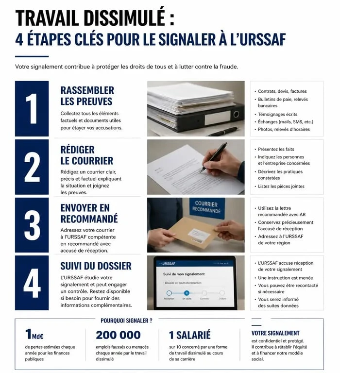 Infographie des étapes pour dénoncer le travail au noir à l'URSSAF : modèle lettre et procédure