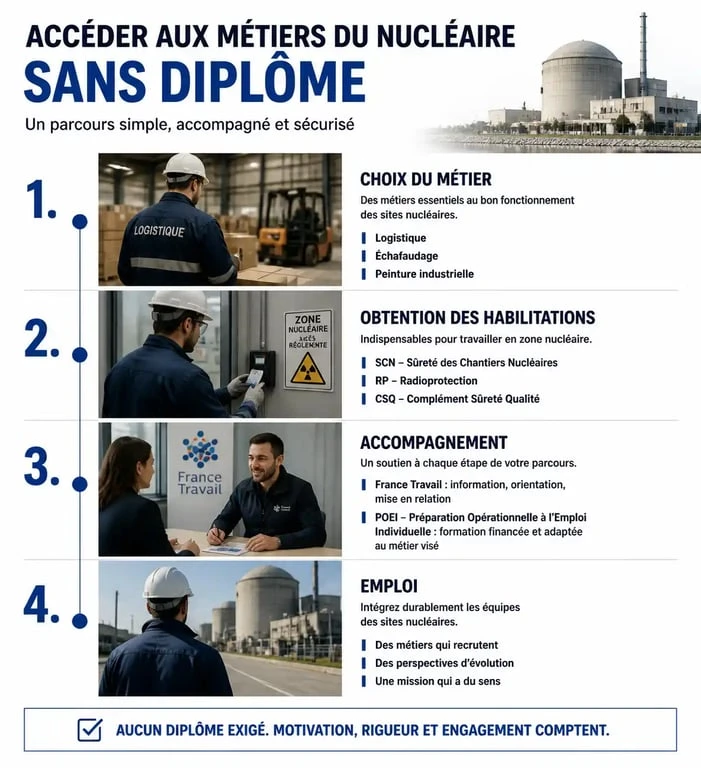 Infographie des étapes pour accéder à une formation nucléaire sans diplôme