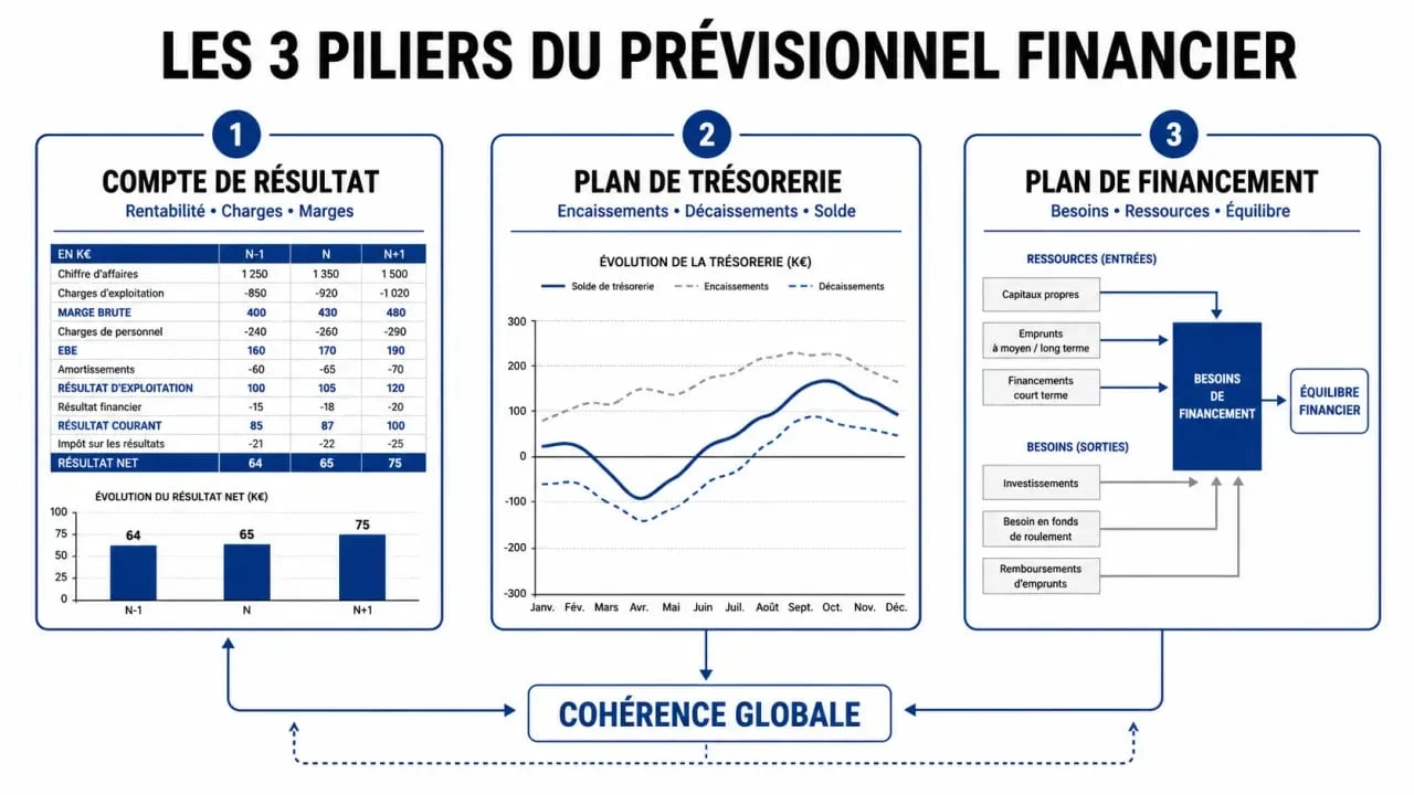 Schéma des trois piliers d'un prévisionnel financier gratuit pour entreprise