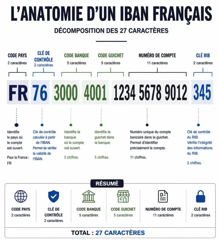 Schéma explicatif de la structure d'un IBAN français pour vérifier un RIB
