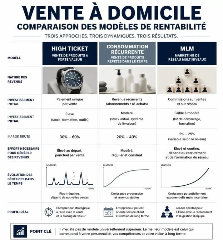 Comparatif des modèles de vente à domicile qui rapporte le plus : High Ticket, récurrence et MLM