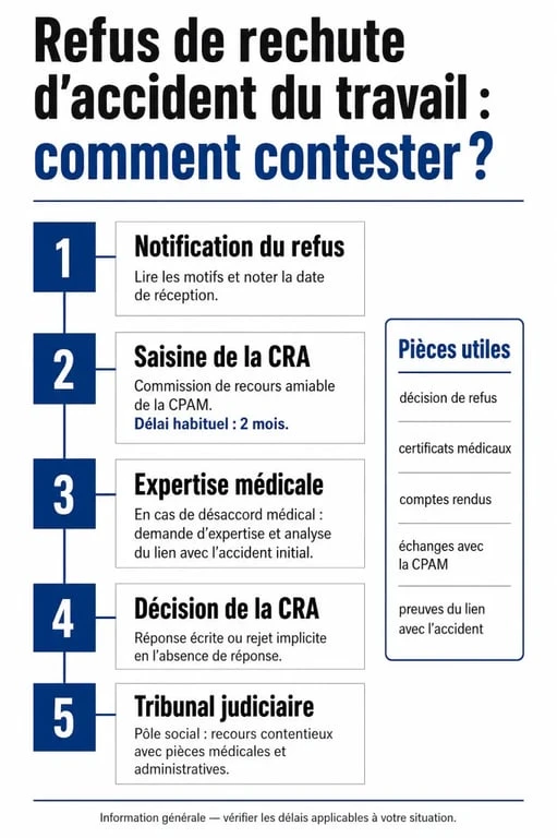 Schéma des étapes de contestation d'un refus de rechute d'accident du travail