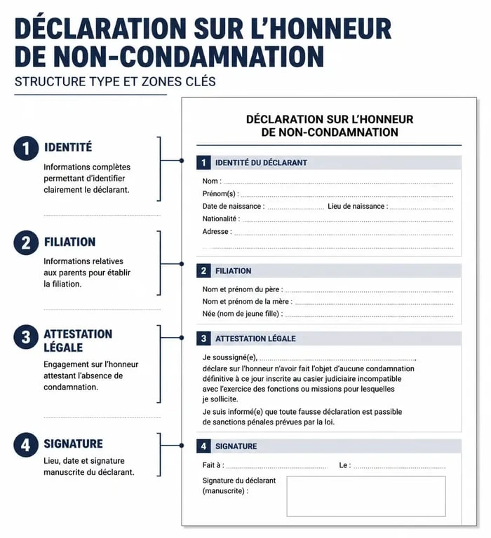 Schéma explicatif des mentions obligatoires sur une déclaration sur l'honneur de non condamnation pour une immatriculation au RCS