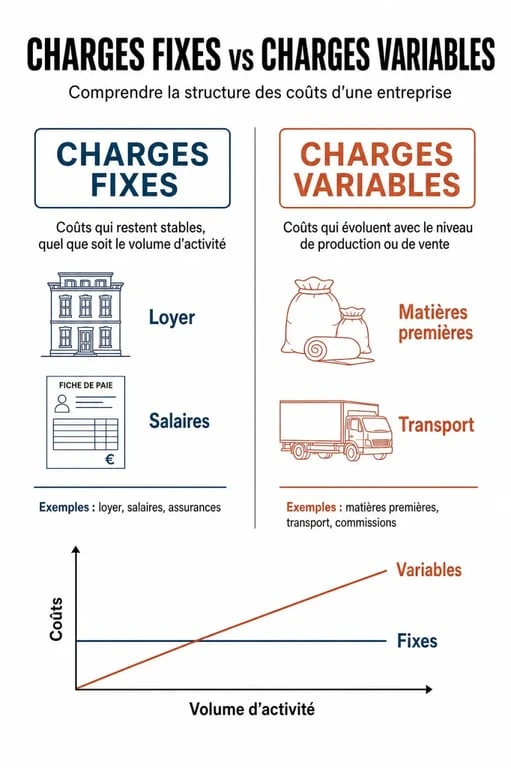Infographie comparative charges fixes vs charges variables pour la gestion d'entreprise