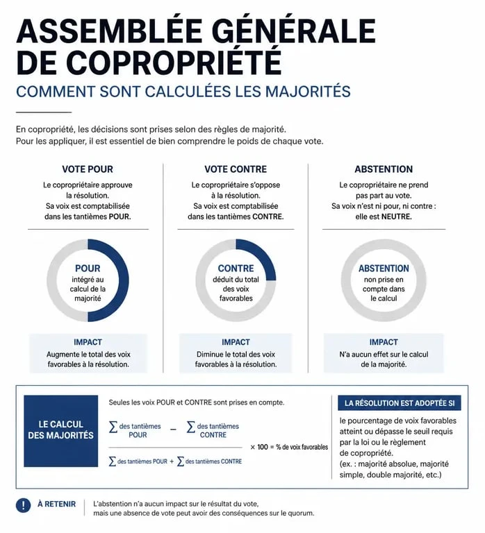 Infographie explicative sur l'impact de l'abstention lors d'un vote en assemblée générale de copropriété