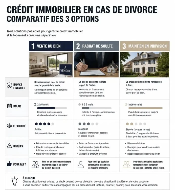 Comparatif des options pour gérer un crédit immobilier en cours lors d'un divorce : vente, rachat de soulte ou indivision.