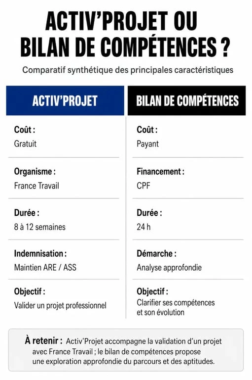 Infographie comparative entre la prestation Activ'Projet et le bilan de compétences pour les demandeurs d'emploi