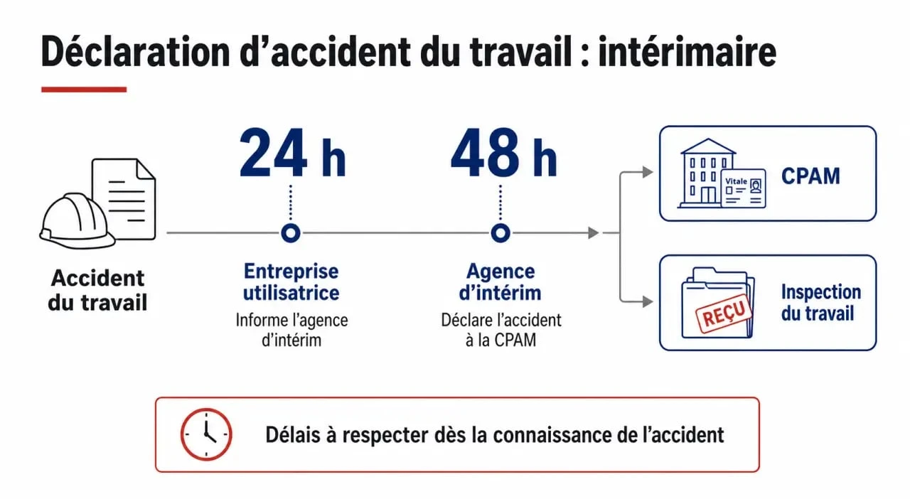 Chronologie de la procédure de déclaration d'accident du travail Cerfa 603741 pour intérimaire