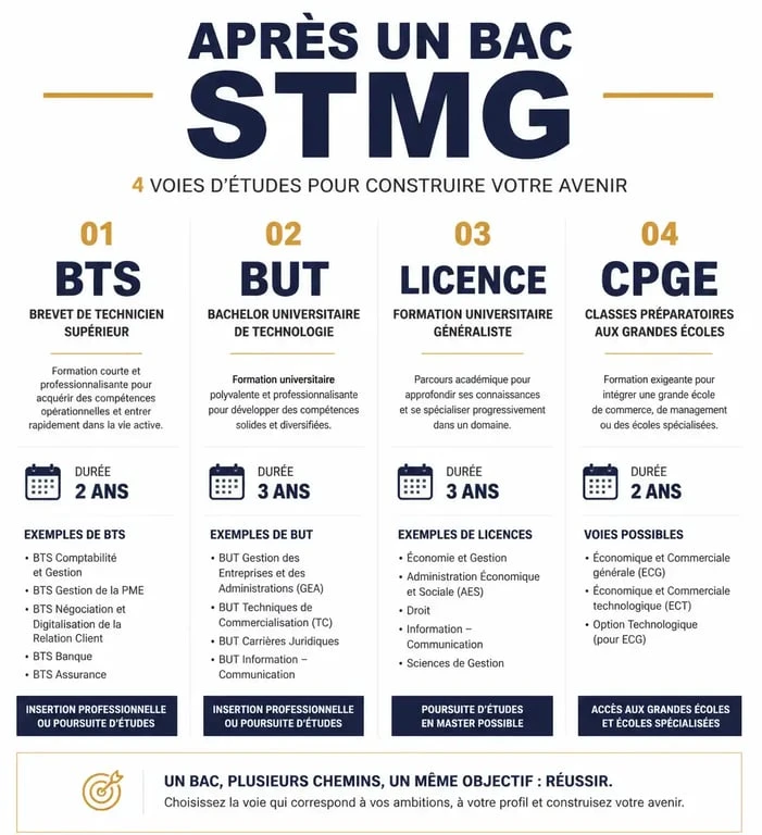 Schéma des débouchés et filières d'études après un bac STMG
