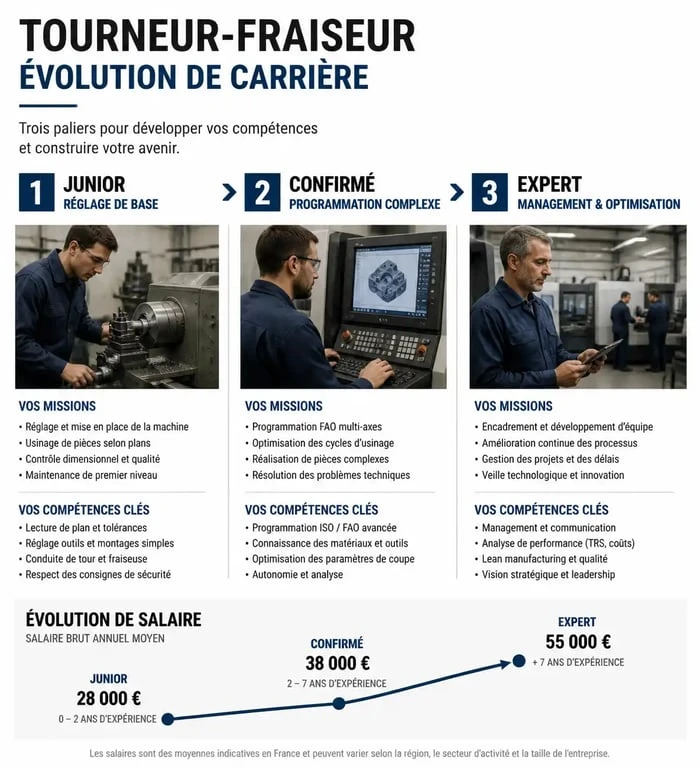 Infographie de l'évolution de carrière et des salaires pour le métier de tourneur-fraiseur