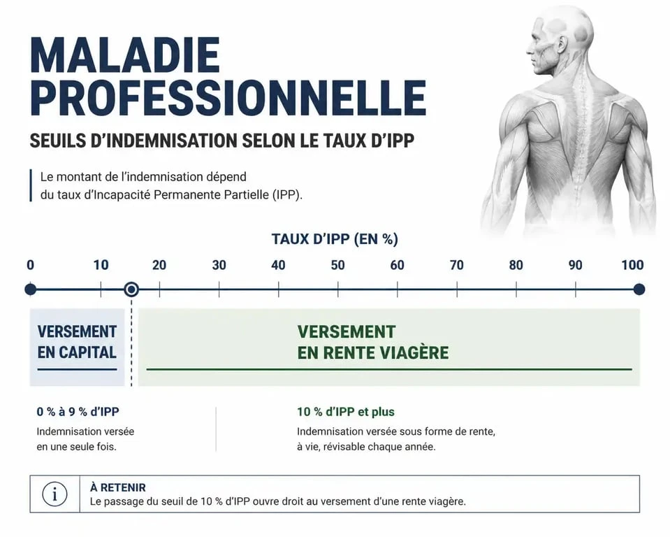 Infographie des seuils d'indemnisation et rente pour épicondylite selon le taux d'IPP