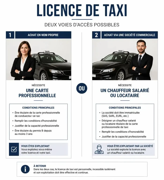 Schéma explicatif des conditions pour acheter une licence de taxi en nom propre ou via une société