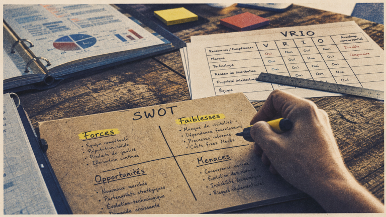 Exemple diagnostic interne : SWOT et VRIO sur table en bois