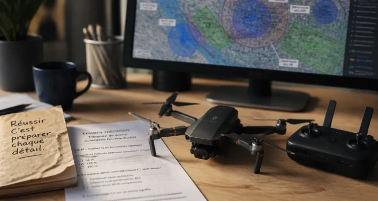 Formation drone C1 : guide examen, drone compact et carte espace aérien