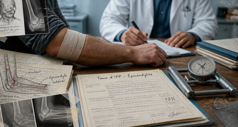 Rente pour épicondylite, avant-bras bandé et documents médicaux