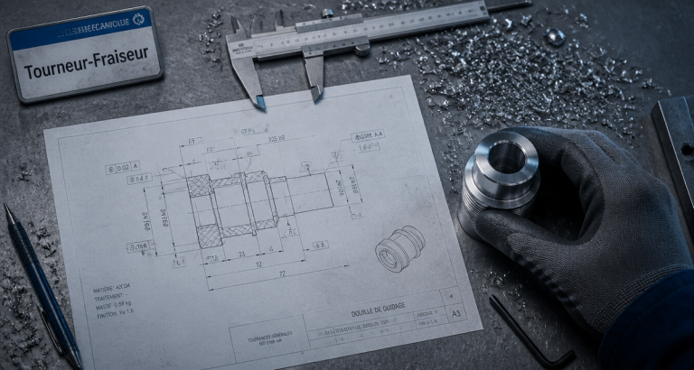Plan de travail tourneur fraiseur avec outils et pièce usinée