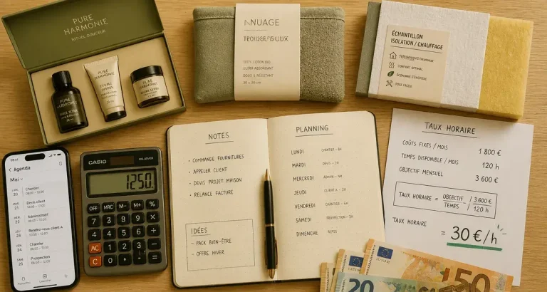 Vente à domicile rentable : carnet, calculatrice et produits sur table
