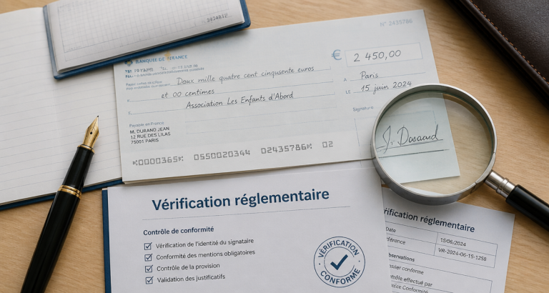 Vérification réglementaire du chèque : 3 risques majeurs pour vos paiements verification reglementaire cheque sur bureau avec loupe