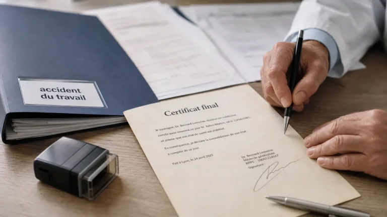 Certificat final après un accident du travail : volets, délais et reprise Certificat final accident de travail : médecin signe un document