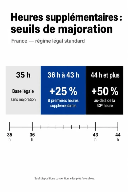 Tableau des seuils et taux de majoration des heures supplémentaires en France