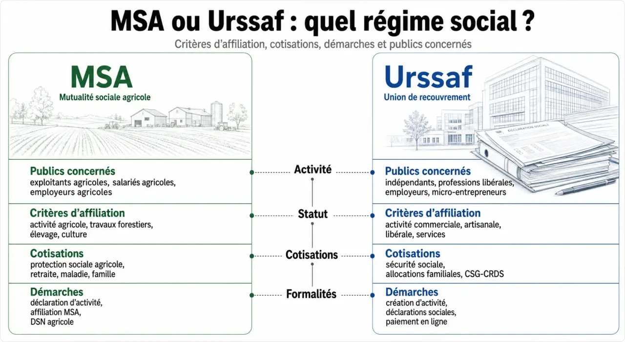 Régime social MSA ou Urssaf : comparatif visuel des différences d’affiliation