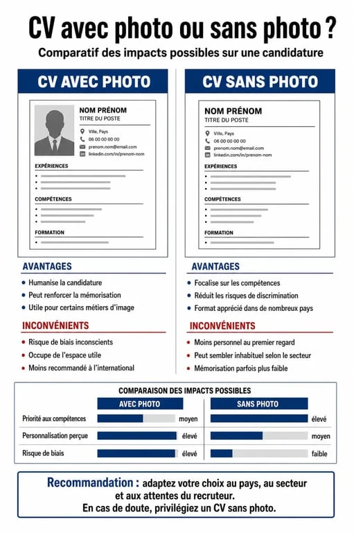 Infographie comparative illustrant les avantages et inconvénients du CV sans photo pour une candidature professionnelle