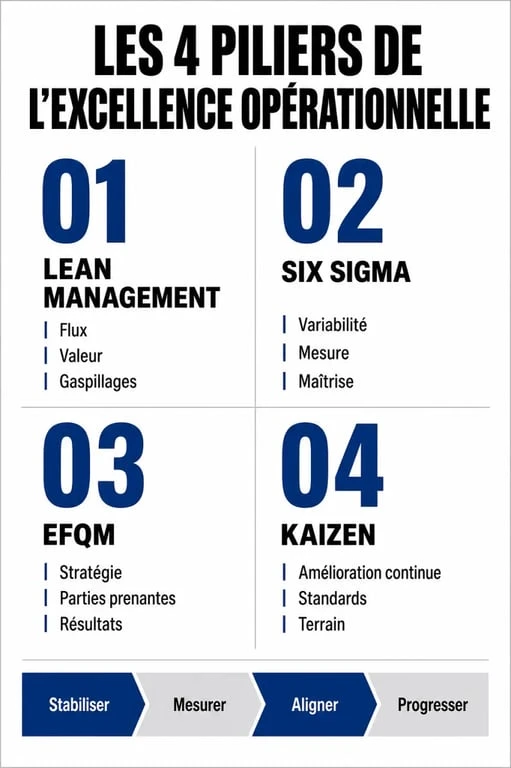 Infographie sur les méthodes d'excellence opérationnelle : Lean, Six Sigma, EFQM et Kaizen