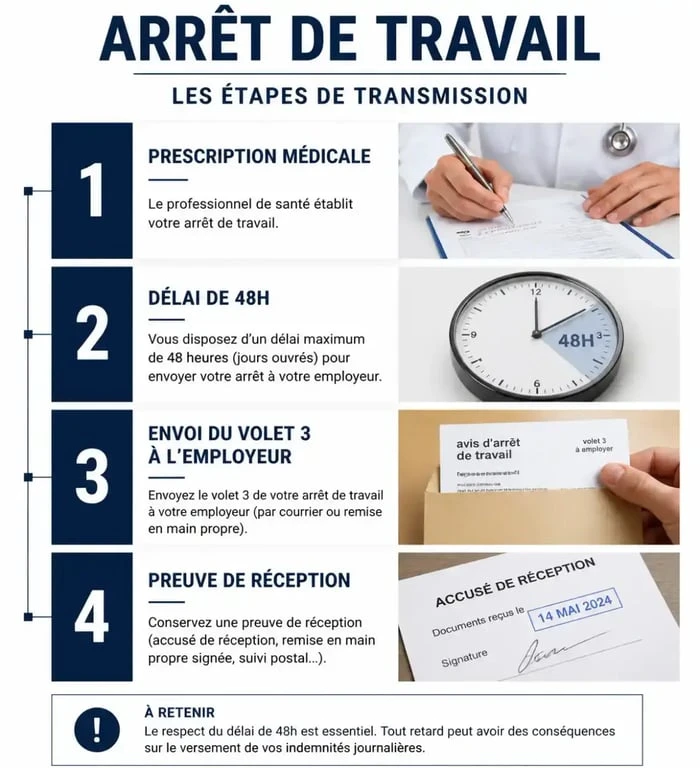 Infographie des étapes de transmission d'un arrêt de travail à l'employeur sous 48h