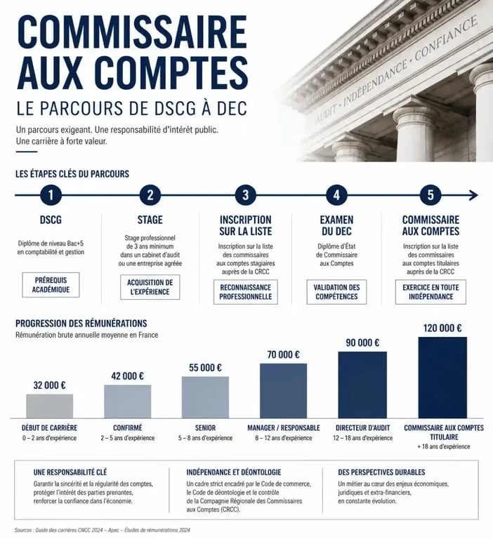 Infographie du parcours et évolution du salaire commissaire aux comptes