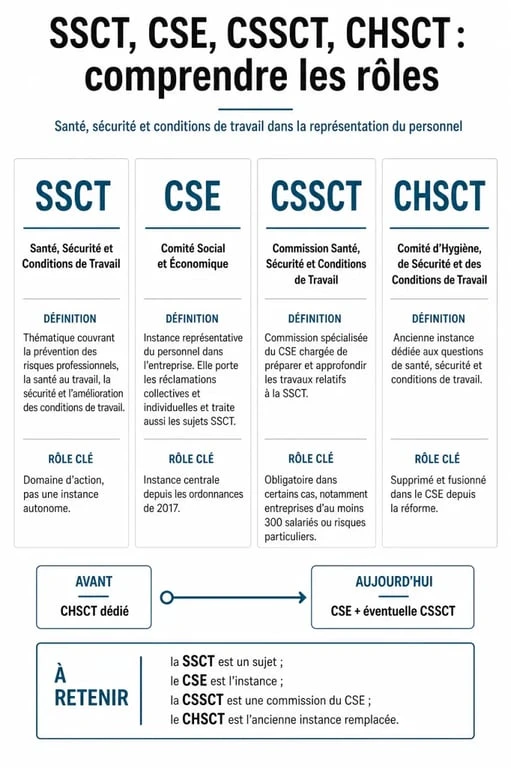 Infographie comparative des instances SSCT, CSSCT, CHSCT et CSE pour comprendre la définition et le rôle de la santé et sécurité au travail.
