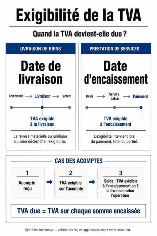 Infographie sur les règles de la TVA exigible : livraison de biens, prestations de services et acomptes.